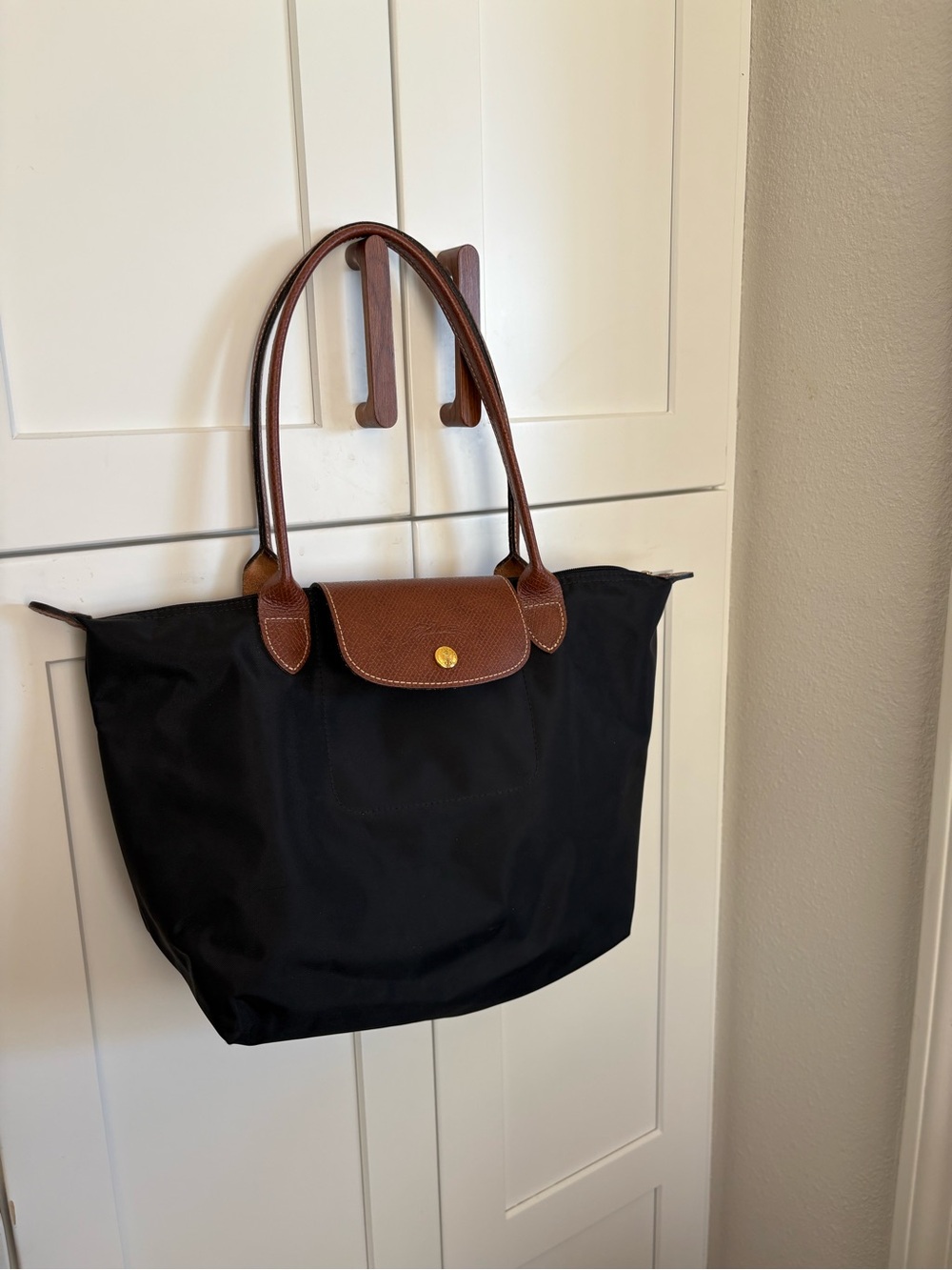 Longchamp Le Pliage Black Tote Bag with Brown Trim - Classic Everyday Carry